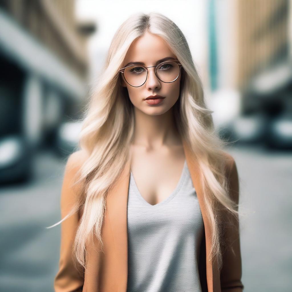 A hot blonde girl with glasses, looking stylish and confident