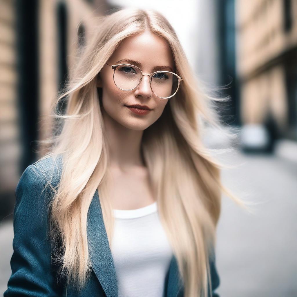 A hot blonde girl with glasses, looking stylish and confident