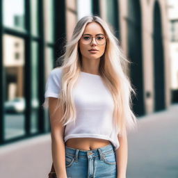 A hot blonde girl with glasses, looking stylish and confident