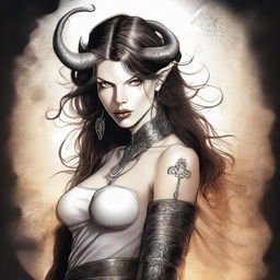 A detailed drawing of Milla Jovovich with long hair, portrayed as a tiefling