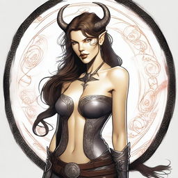 A detailed drawing of Milla Jovovich with long hair, portrayed as a tiefling