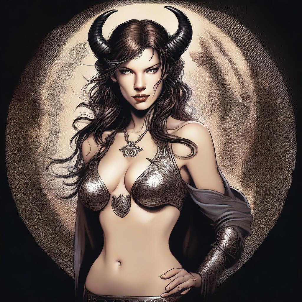 A detailed drawing of Milla Jovovich with long hair, portrayed as a tiefling