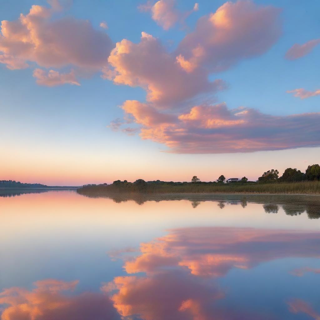 A stunning dawn on the horizon, with the sky painted in soft hues of pink, orange, and light blue