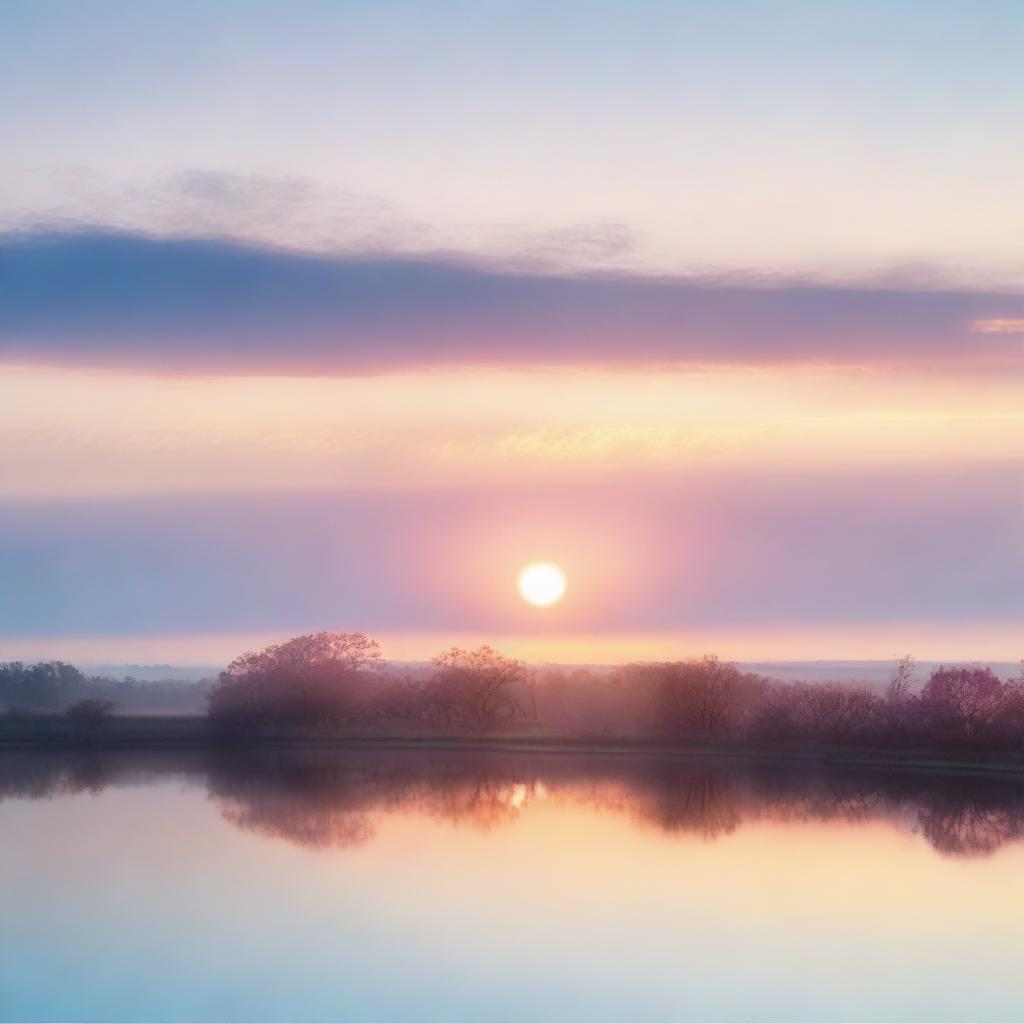 A stunning dawn on the horizon, with the sky painted in soft hues of pink, orange, and light blue