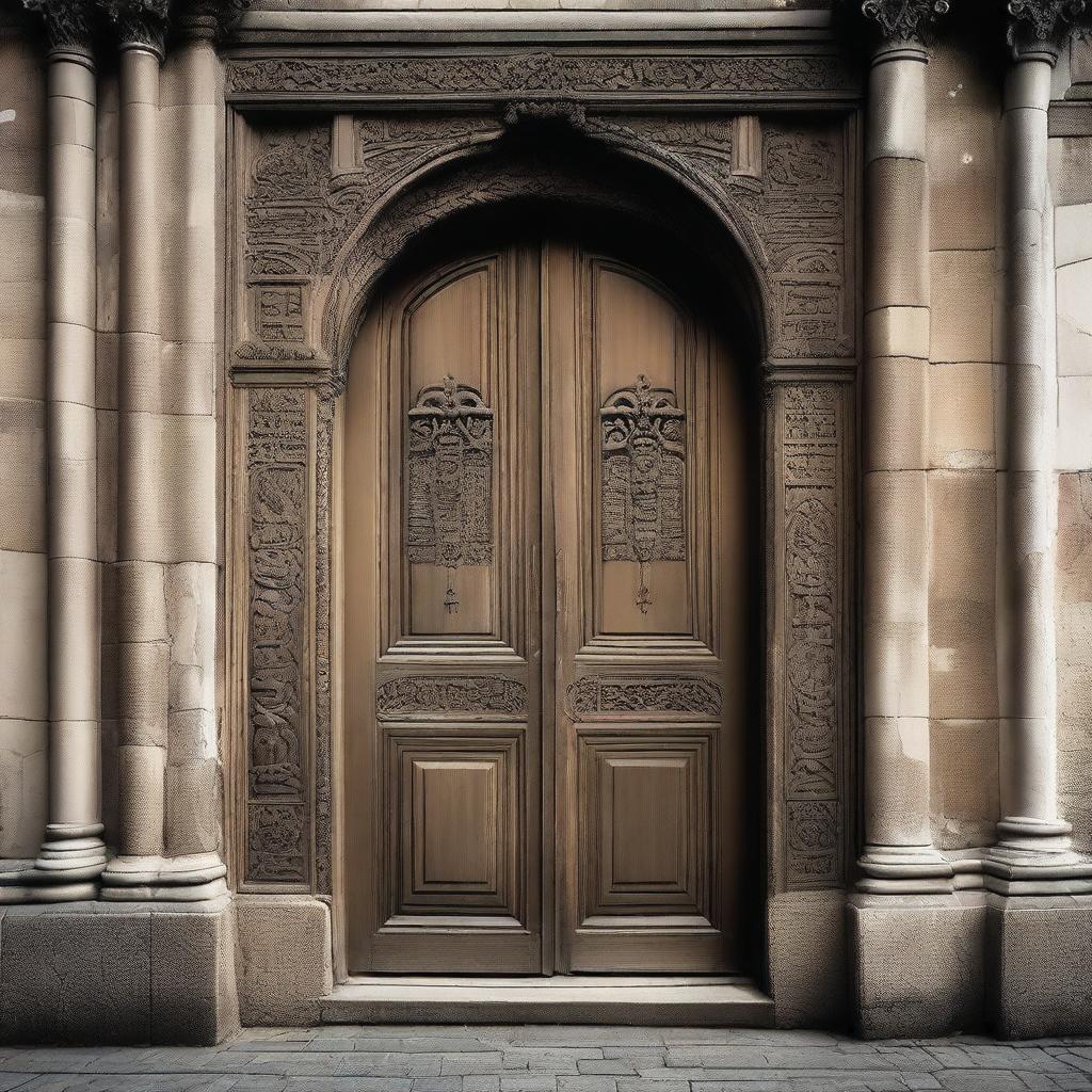 Create an image of the door to an old building with the title 'Agonía de Jorrick' prominently displayed