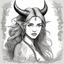 A detailed drawing of Miley Cyrus with long hair, depicted as a tiefling