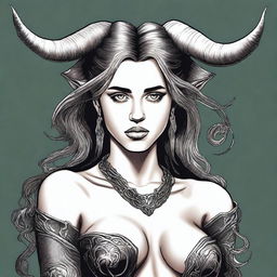 A detailed drawing of Miley Cyrus with long hair, depicted as a tiefling