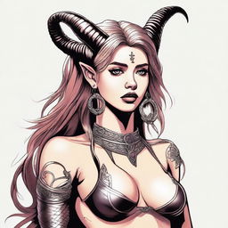 A detailed drawing of Miley Cyrus with long hair, depicted as a tiefling