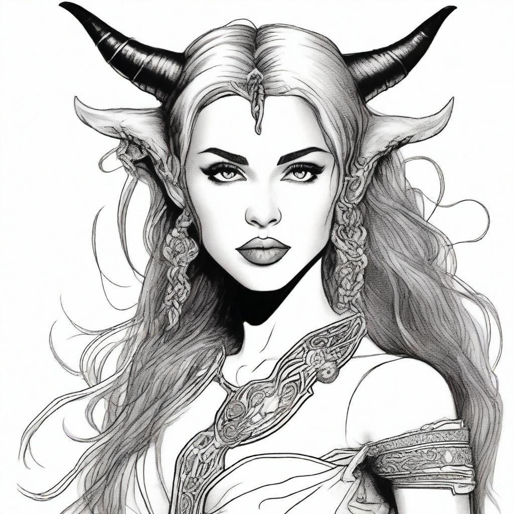 A detailed drawing of Miley Cyrus with long hair, depicted as a tiefling