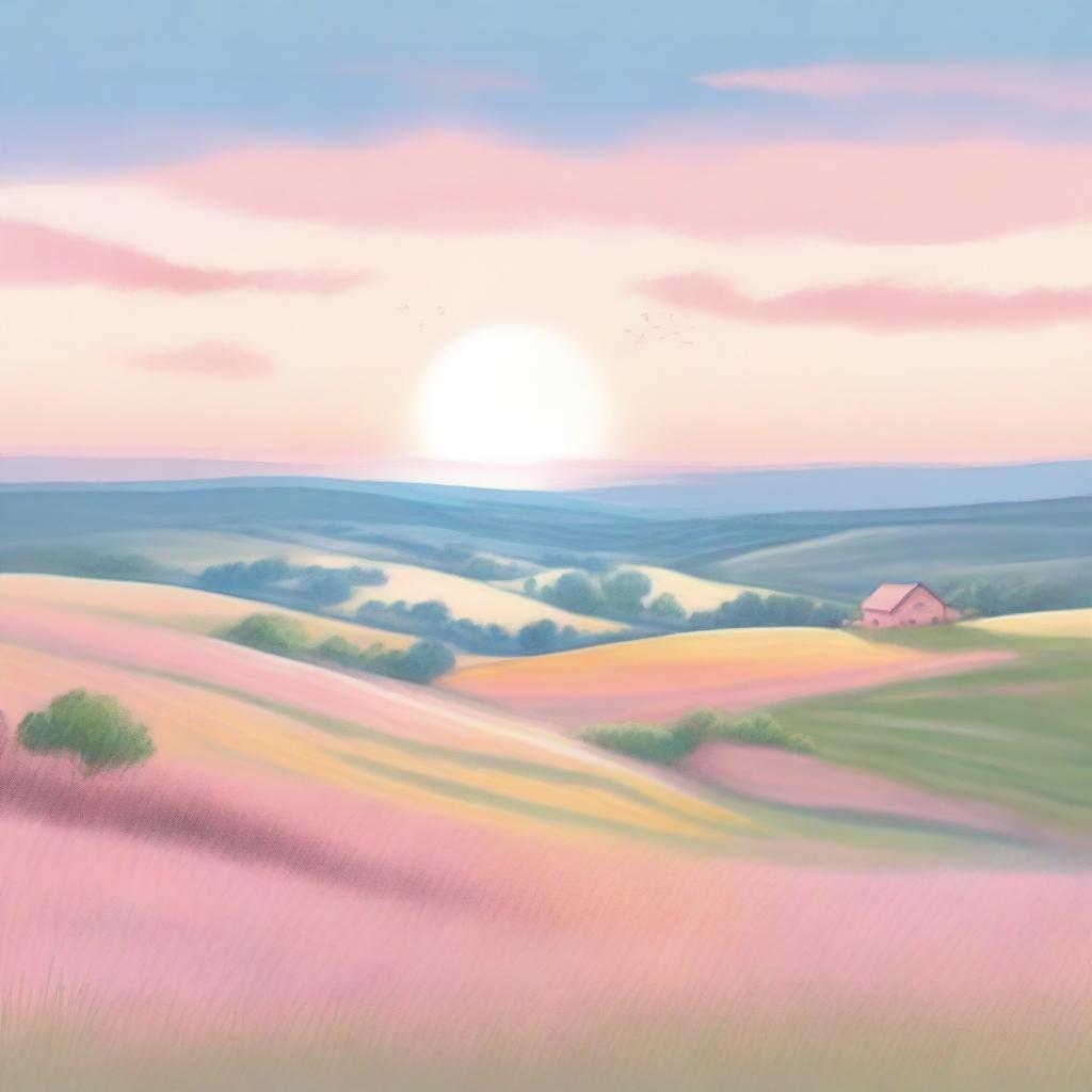 A charming drawing of a dawn on the horizon over a picturesque countryside