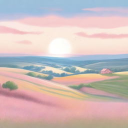 A charming drawing of a dawn on the horizon over a picturesque countryside