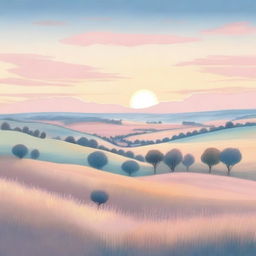 A charming drawing of a dawn on the horizon over a picturesque countryside