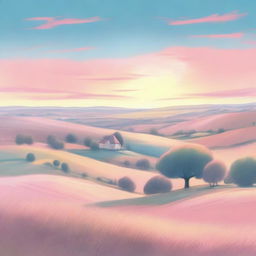 A charming drawing of a dawn on the horizon over a picturesque countryside