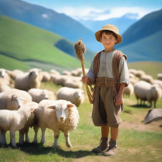 A heartwarming scene of a young shepherd child in the mountains