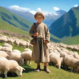 A heartwarming scene of a young shepherd child in the mountains