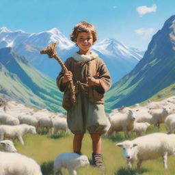 A heartwarming scene of a young shepherd child in the mountains