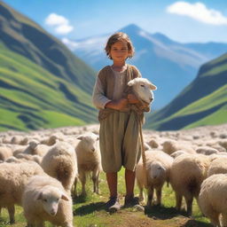 A heartwarming scene of a young shepherd child in the mountains