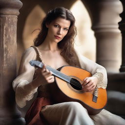 A beautiful and alluring bard woman with the face of Milla Jovovich, playing a lute in a medieval fantasy setting