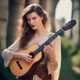 A beautiful and alluring bard woman with the face of Milla Jovovich, playing a lute in a medieval fantasy setting