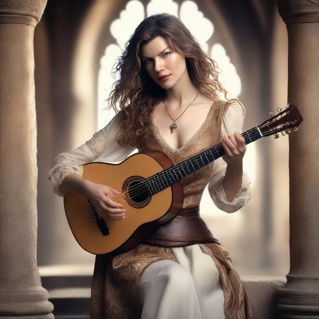 A beautiful and alluring bard woman with the face of Milla Jovovich, playing a lute in a medieval fantasy setting