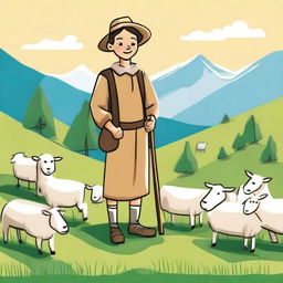 A charming children's drawing of a shepherd in the mountains