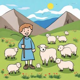 A charming children's drawing of a shepherd in the mountains