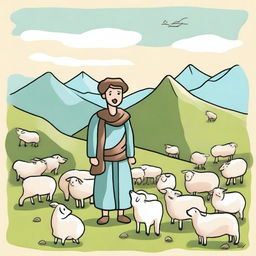 A charming children's drawing of a shepherd in the mountains