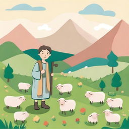 A charming children's drawing of a shepherd in the mountains