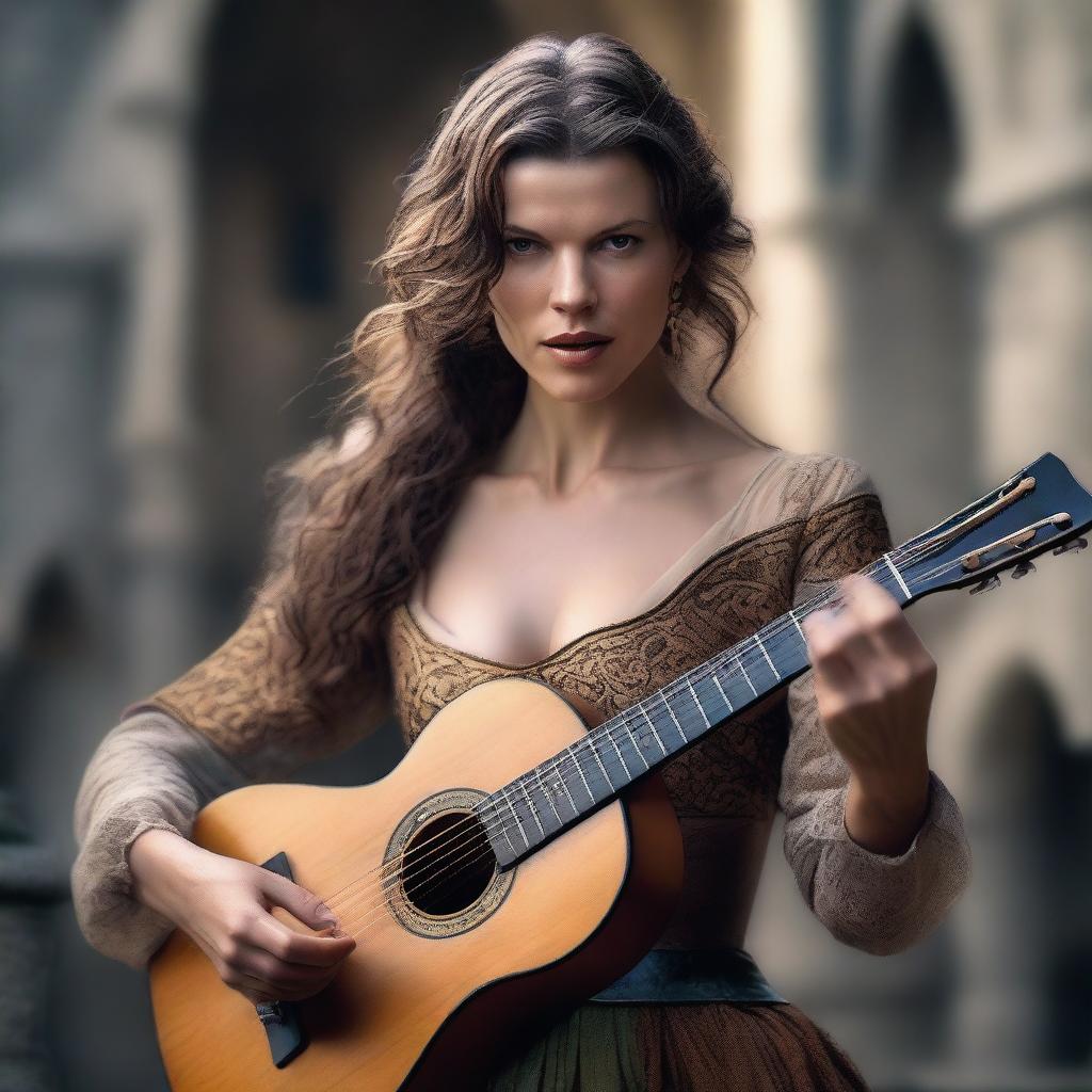 A stunning bard woman with the face of Milla Jovovich, playing a lute in a medieval fantasy setting