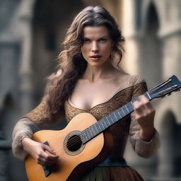 A stunning bard woman with the face of Milla Jovovich, playing a lute in a medieval fantasy setting