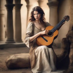 A stunning bard woman with the face of Milla Jovovich, playing a lute in a medieval fantasy setting