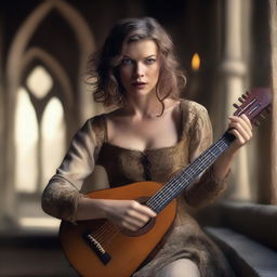 A stunning bard woman with the face of Milla Jovovich, playing a lute in a medieval fantasy setting