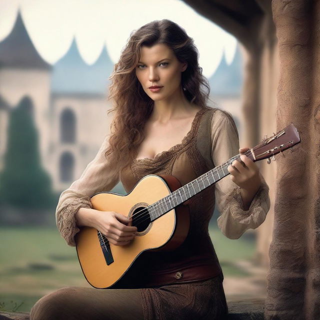 A stunning bard woman with the face of Milla Jovovich, playing a lute in a medieval fantasy setting