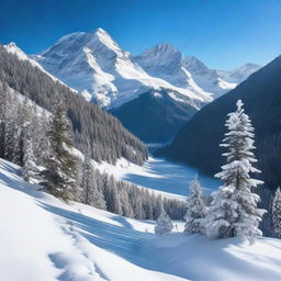 A breathtaking view of a snow-covered mountain valley