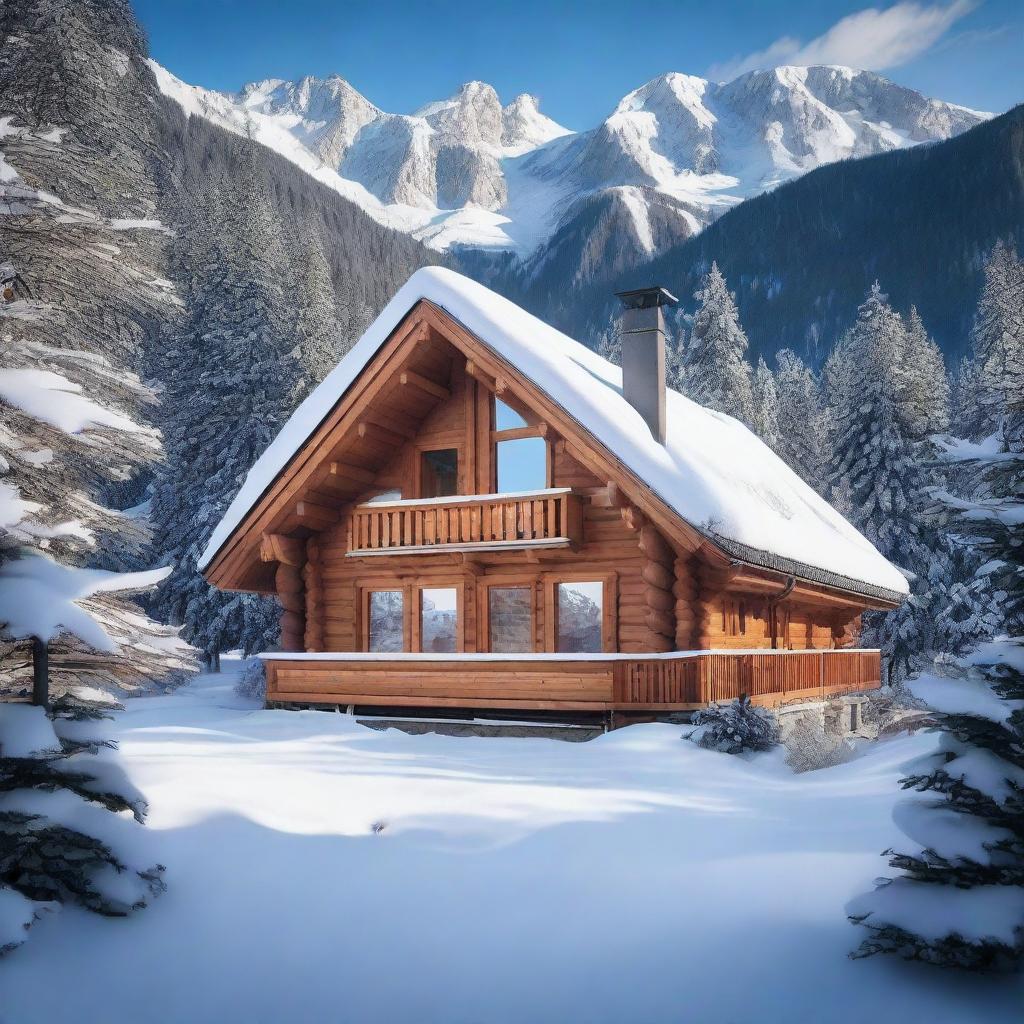 A picturesque scene of a cozy chalet nestled in a snowy mountain valley