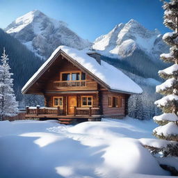 A picturesque scene of a cozy chalet nestled in a snowy mountain valley