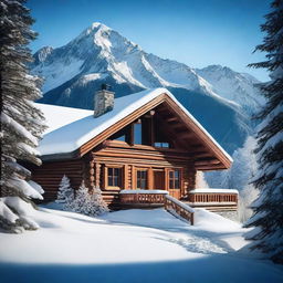 A picturesque scene of a cozy chalet nestled in a snowy mountain valley