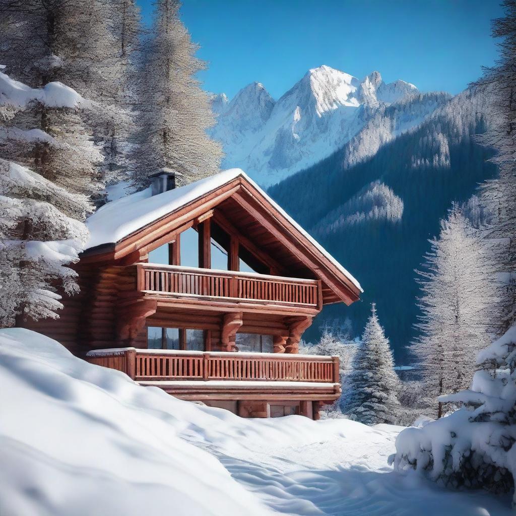 A picturesque scene of a cozy chalet nestled in a snowy mountain valley