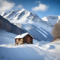 A picturesque scene of a shepherd's hut in a snowy mountain valley