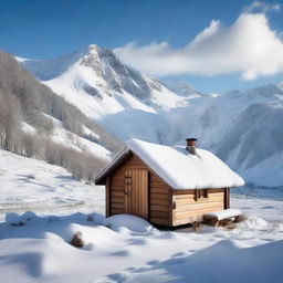 A picturesque scene of a shepherd's hut in a snowy mountain valley