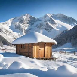 A picturesque scene of a shepherd's hut in a snowy mountain valley