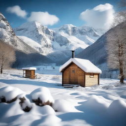 A picturesque scene of a shepherd's hut in a snowy mountain valley