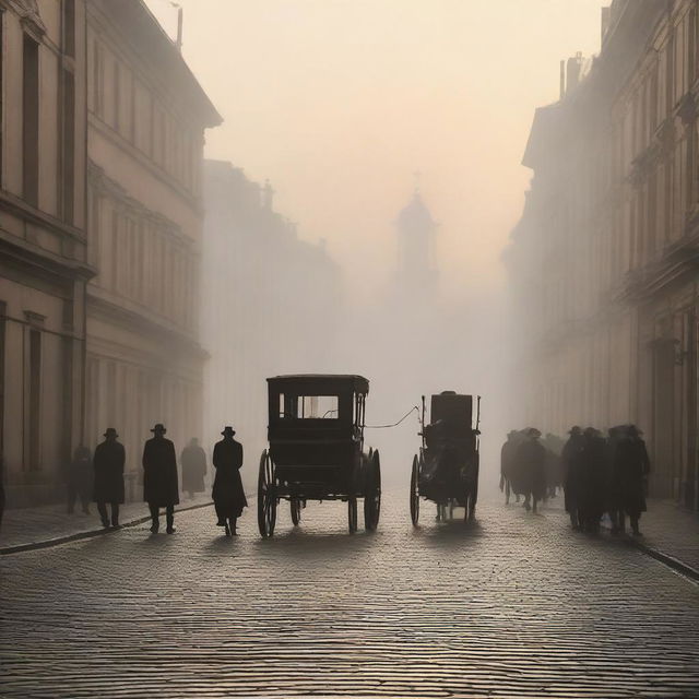 A serene 19th-century scene at dawn, shrouded in mist