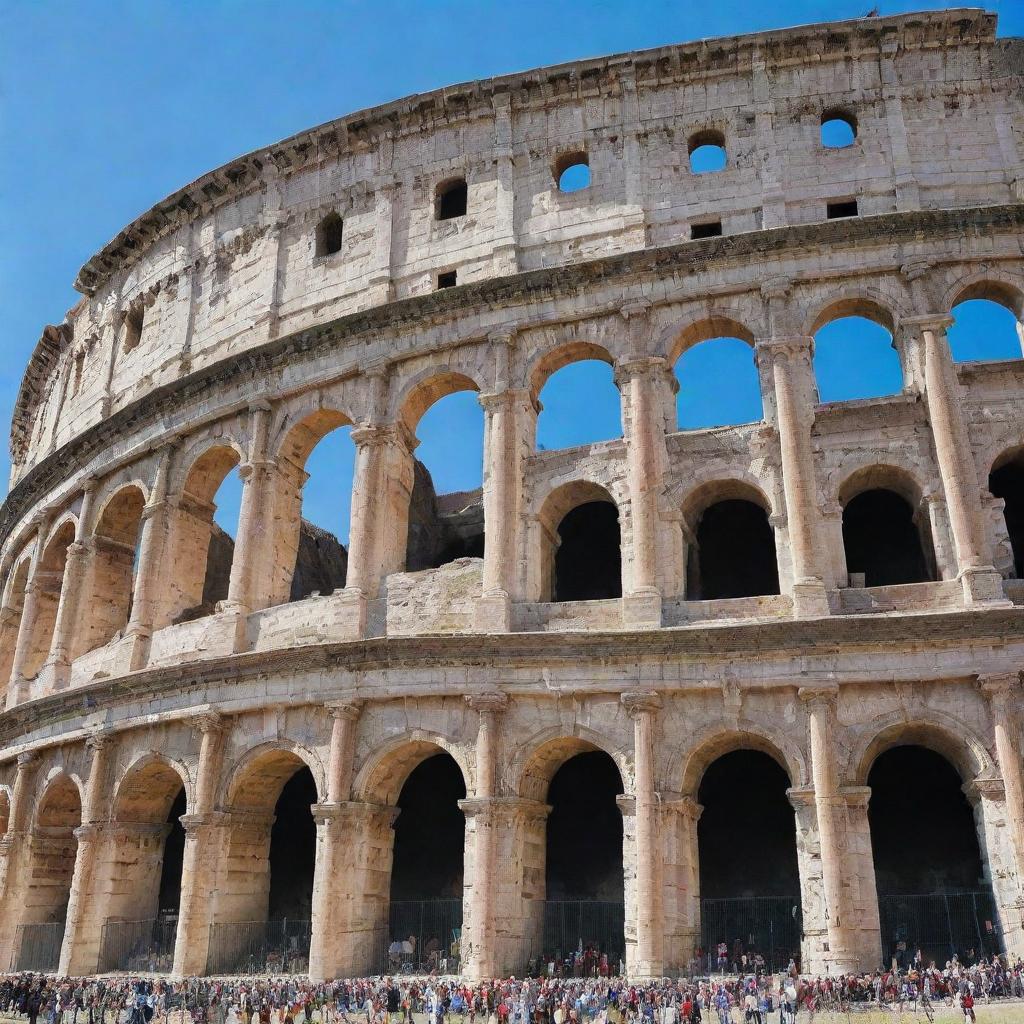 A full view of the Colosseum in perfect daylight, with a large, beautifully detailed painting of the Italian flag draped over it.