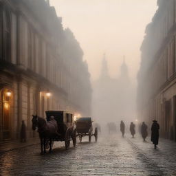 A serene 19th-century scene at dawn, shrouded in mist