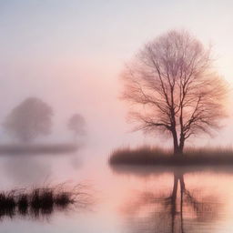 A serene dawn scene with a soft glow of light breaking through the mist