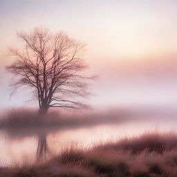 A serene dawn scene with a soft glow of light breaking through the mist