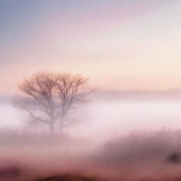 A serene dawn scene with a soft glow of light breaking through the mist