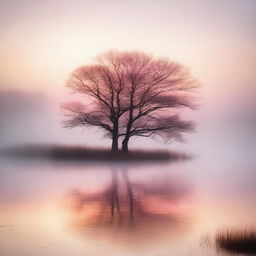 A serene dawn scene with a soft glow of light breaking through the mist