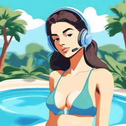 A hot girl in a bikini listening to lofi music with headphones